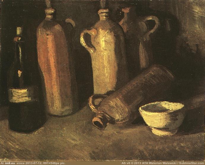 1884 Still Life with Four Stone Bottles, Flask and White Cup (in Vincent van Gogh Paintings - 1883-86 Nuenen and Antwerp)