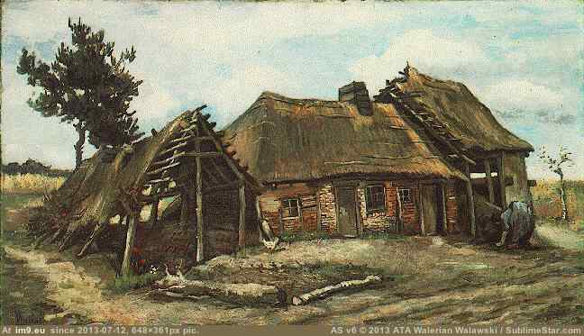1885 Cottage with Decrepit Barn and Stooping Woman (in Vincent van Gogh Paintings - 1883-86 Nuenen and Antwerp)
