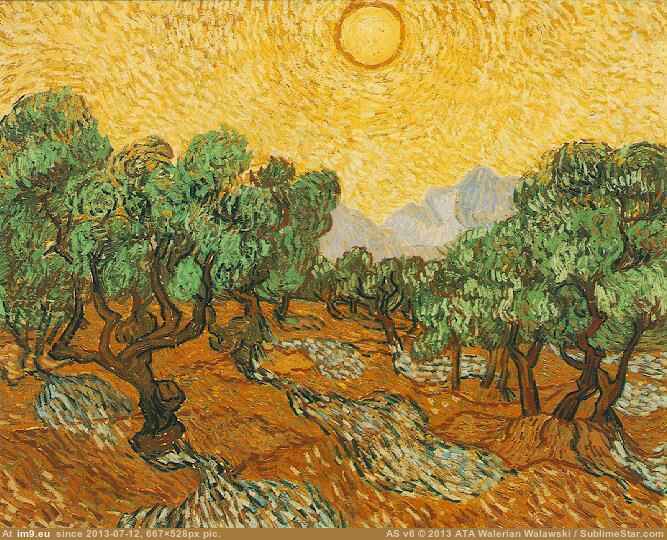 1889 Olive Trees with Yellow Sky and Sun (in Vincent van Gogh Paintings - 1889-90 Saint-Rémy)