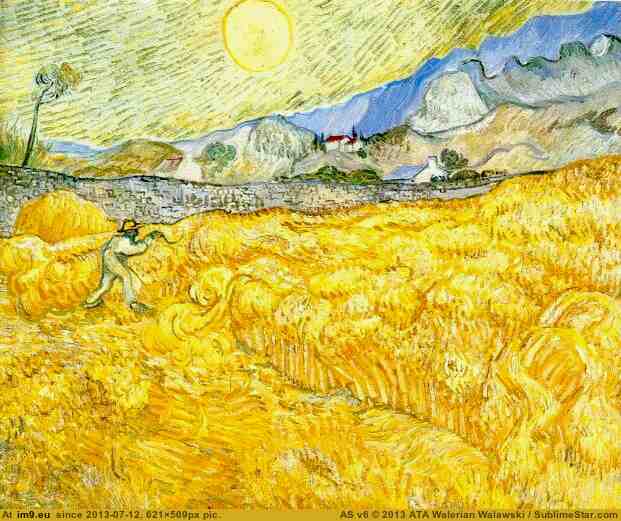 1889 Wheat Field Behind Saint-Paul Hospital with a Reaper (in Vincent van Gogh Paintings - 1889-90 Saint-Rémy)