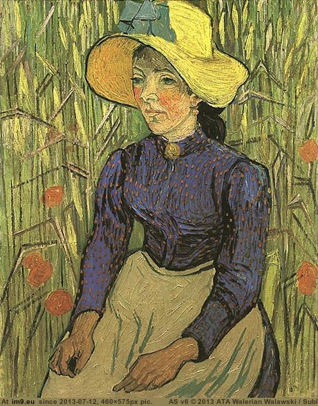 1890 Young Peasant Woman with Straw Hat Sitting in the Wheat (in Vincent van Gogh Paintings - 1890 Auvers-sur-Oise)