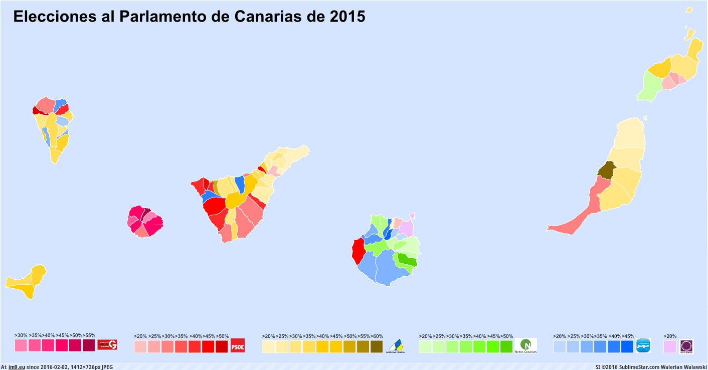 [Mapporn] Canarian regional elections of 2015 (winning party by municipality) [1412x726] (in My r/MAPS favs)
