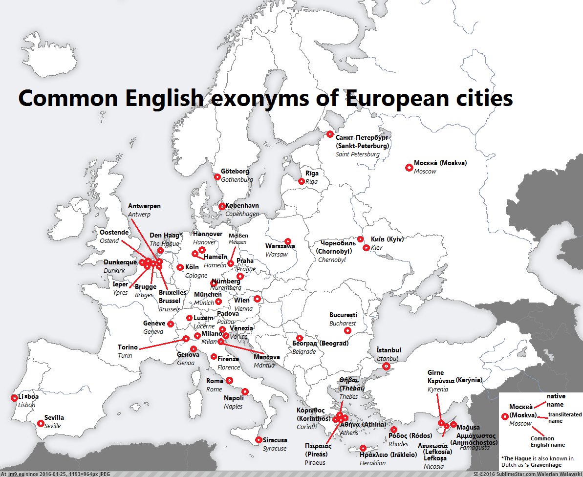 [Mapporn] English exonyms for European cities [1193x964] (in My r/MAPS favs)