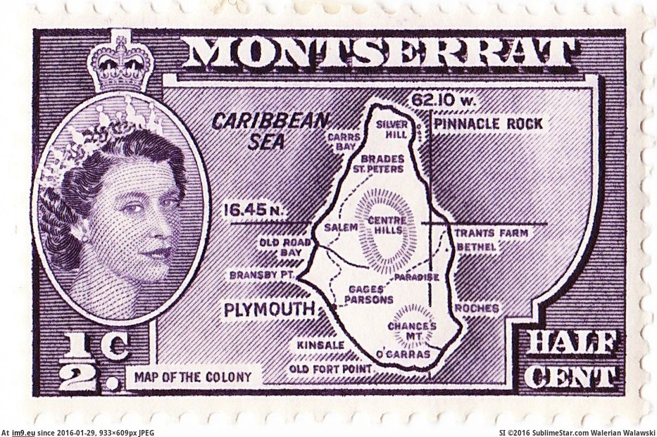 [Mapporn] Map of Montserrat on a stamp from 1956 - many of these locations have since been evacuated [933x609] (in My r/MAPS favs)