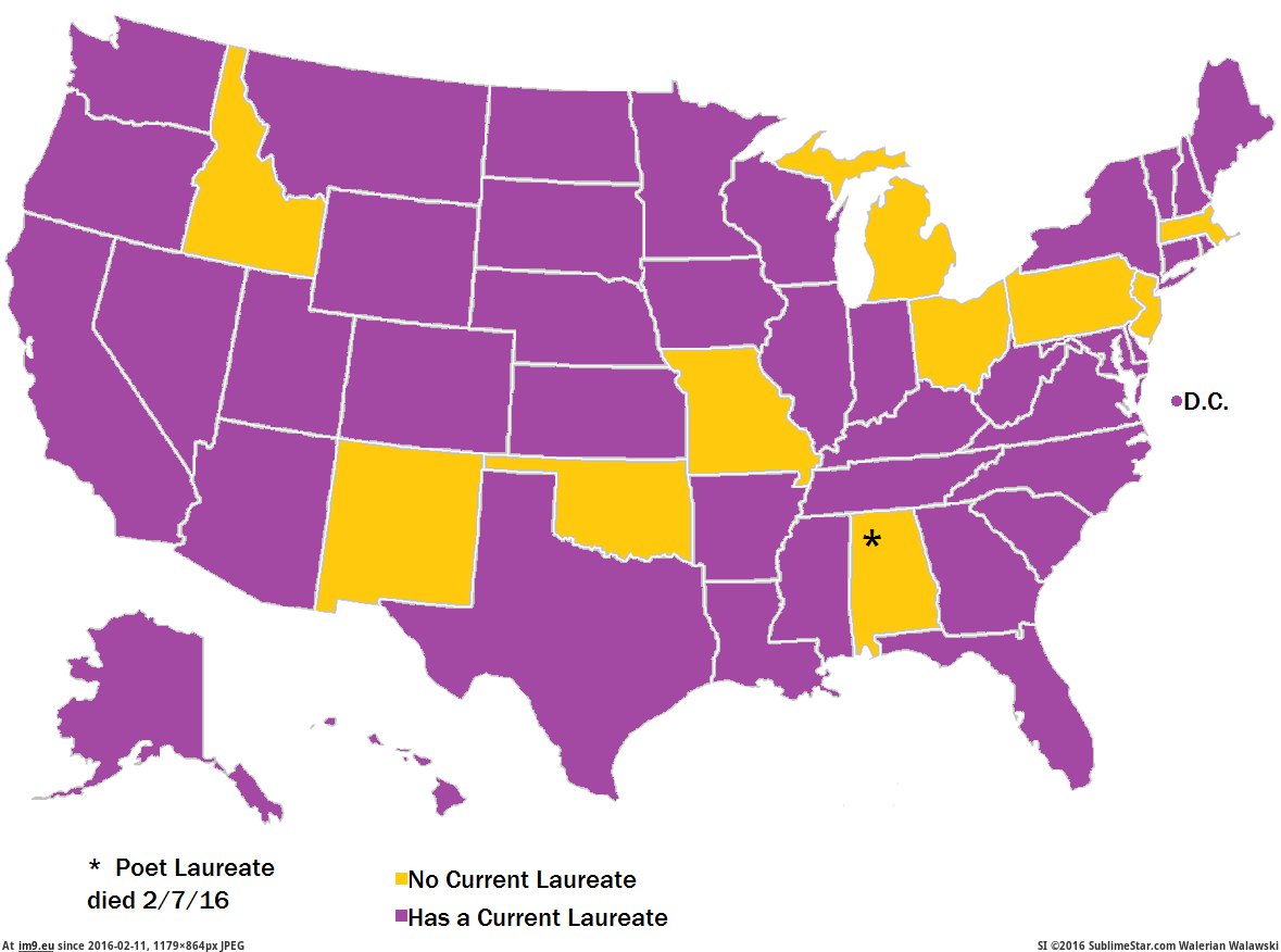 [Mapporn] Map of States with Poet Laureates  [1179x864] (in My r/MAPS favs)