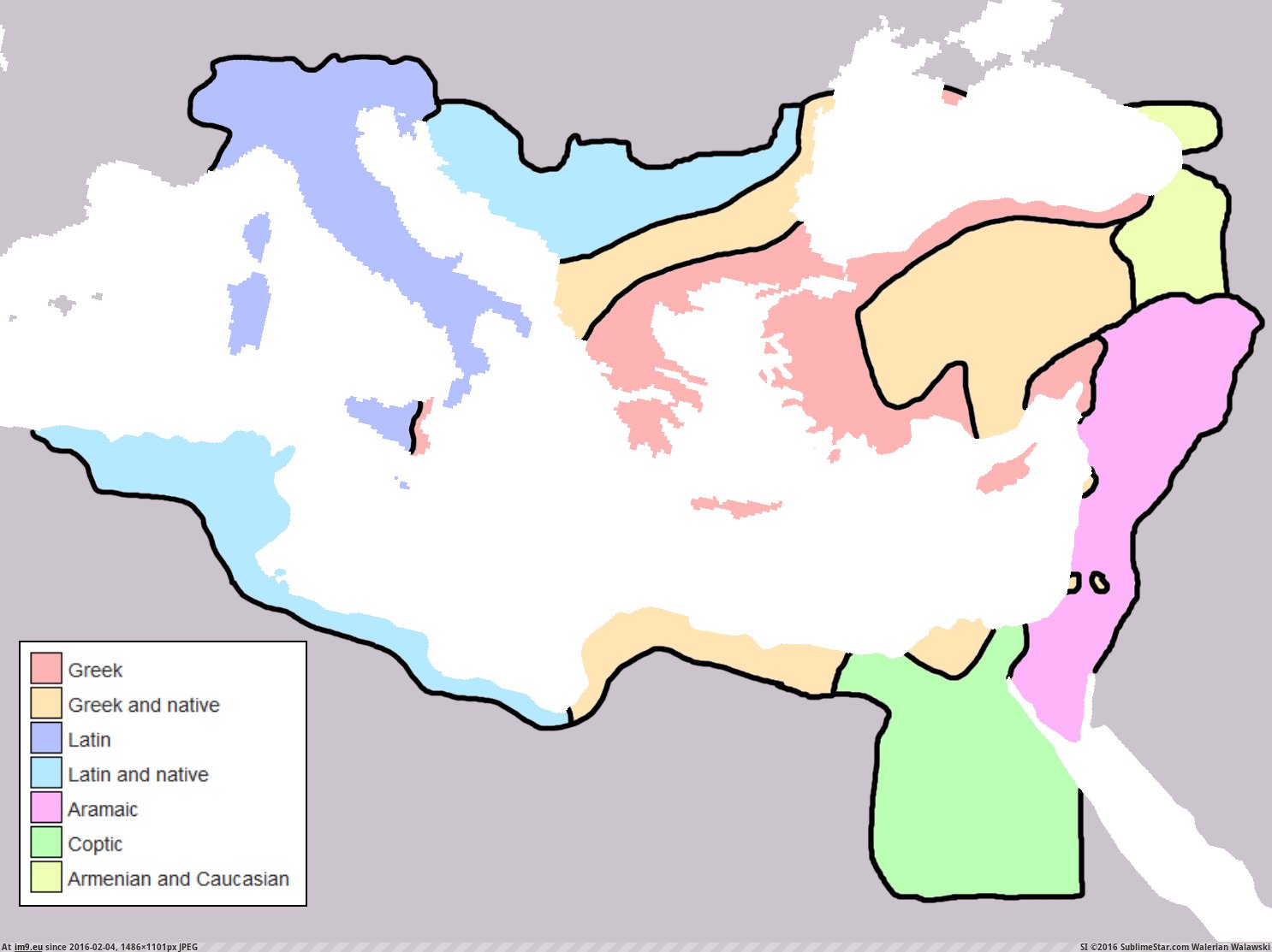 [Mapporn] Map of the (alleged) linguistic divisions of the Byzantine Empire under Justinian I c.560CE [1486x1101] (in My r/MAPS favs)