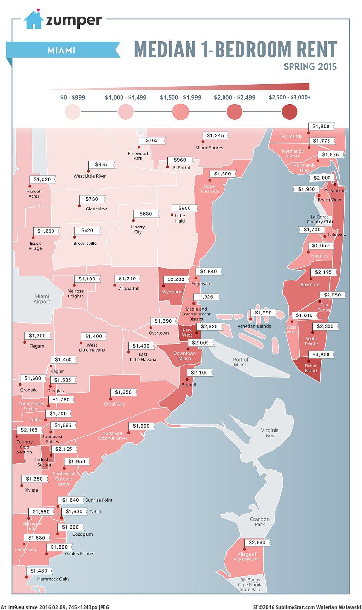 [Mapporn] Median 1-Bedroom Rent in Miami[745x1243] (in My r/MAPS favs)