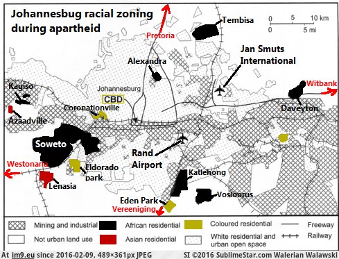[Mapporn] Racial zoning in Johannesburg during apartheid [489x361] (in My r/MAPS favs)