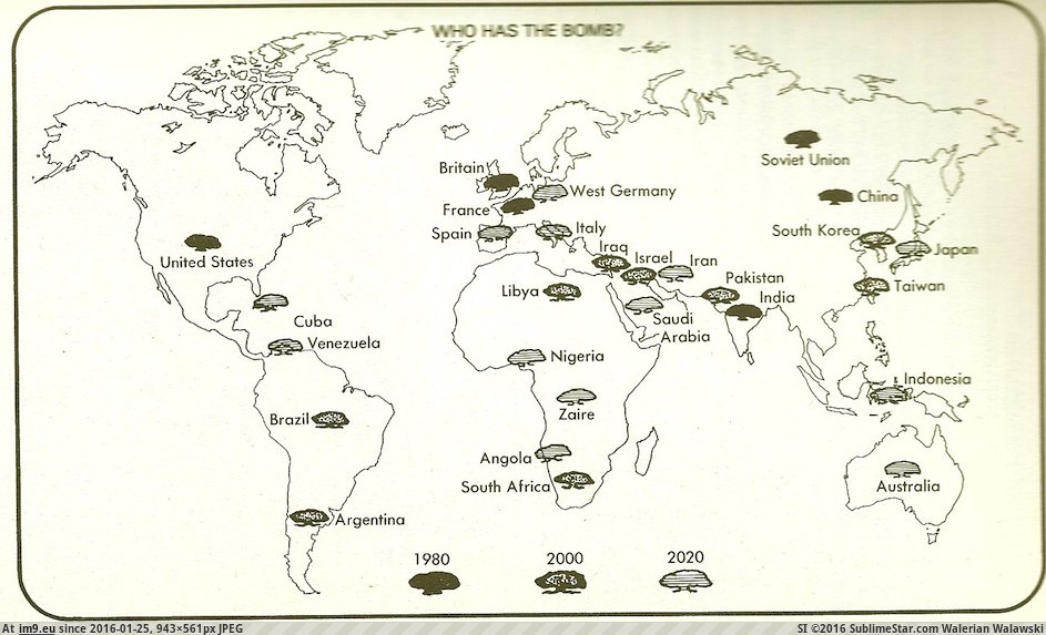 [Mapporn] Retrofuture Nuclear Map: 'Who Has the Bomb?' - from The OMNI Future Almanac, 1982. [943x561] (in My r/MAPS favs)