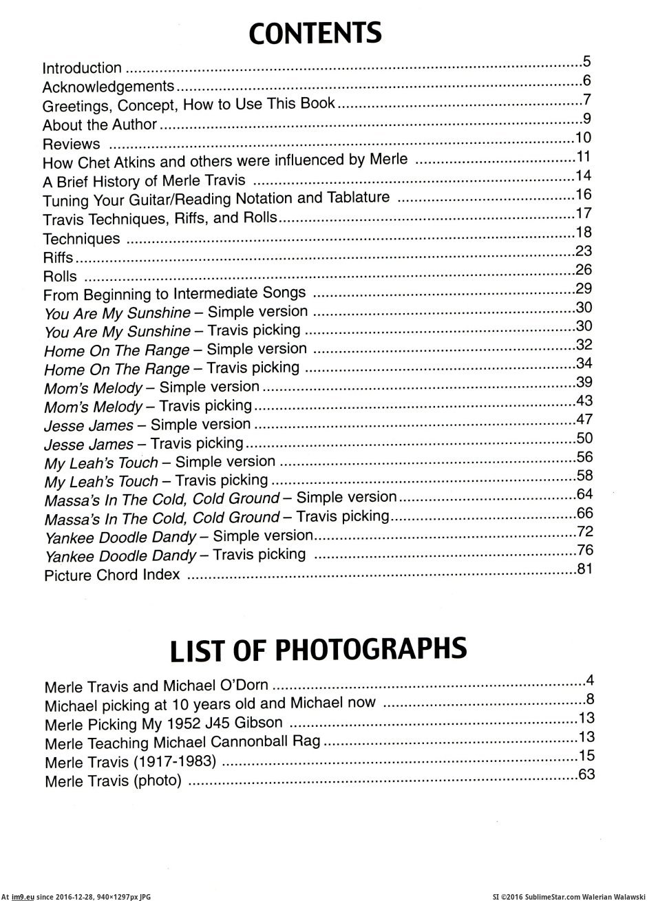 Table of Contents (in Mel Bay's Getting Travis Picking-Photo Storage)