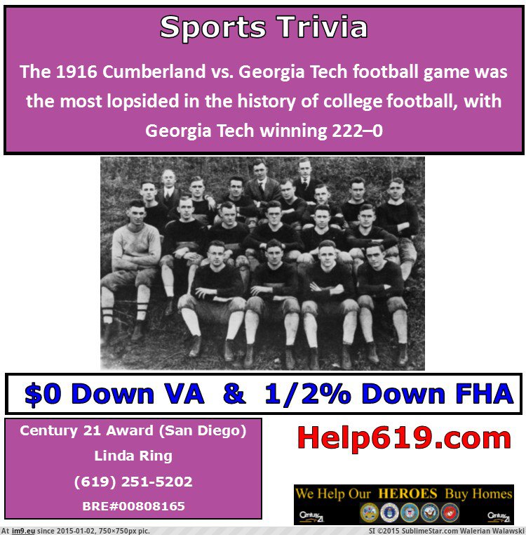 1916 Most Lopsided College Football game in history  222-0 Linda Ring Century 21 Award San Diego (in Linda Ring Century 21 Award San Diego Real Estate)