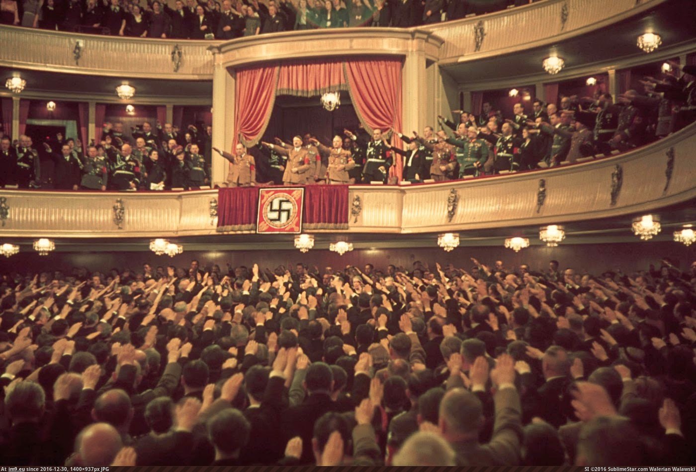 Adolf Hitler and Joseph Goebbels (in box) at Charlottenburg Theatre, Berlin, 1939. (in Restored Photos of Nazi Germany)