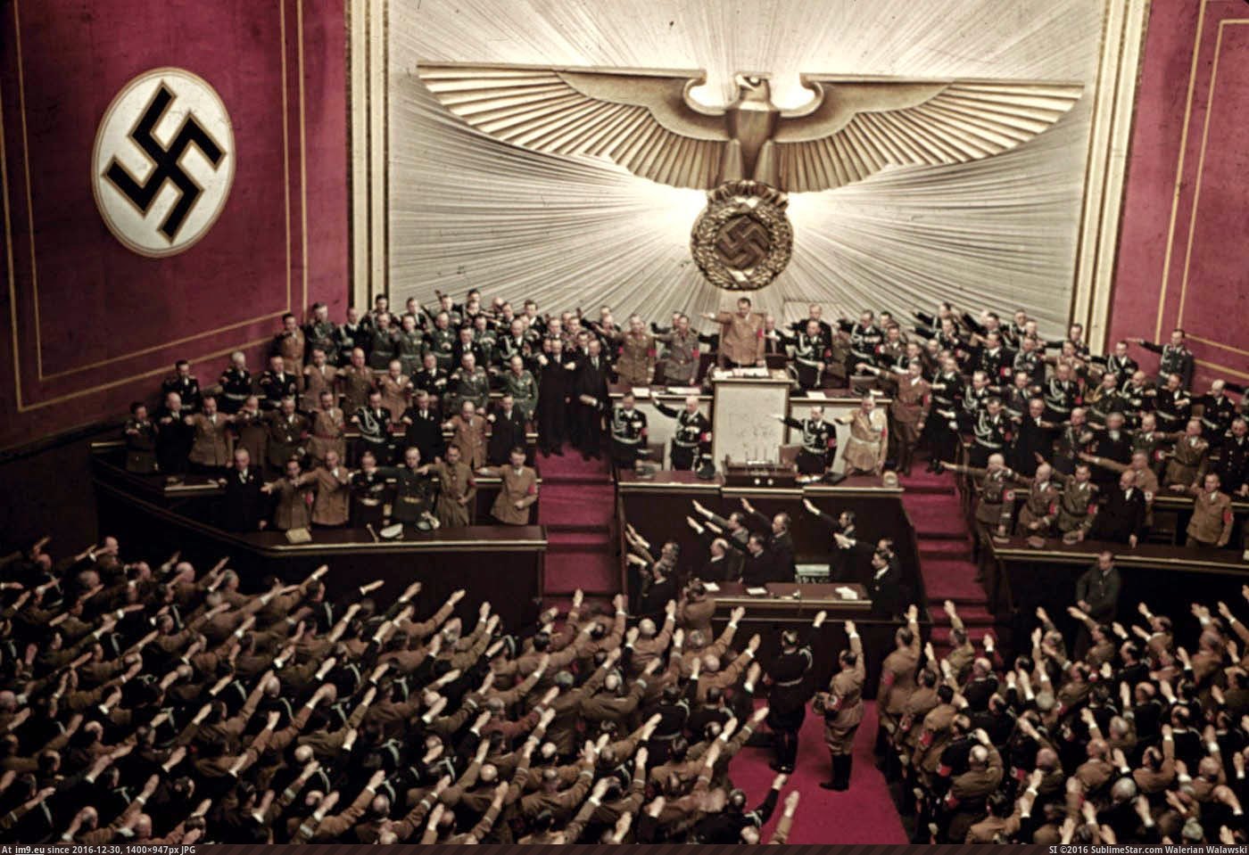 Adolf Hitler makes keynote address at Reichstag session, Kroll Opera House, Berlin, 1939. (in Restored Photos of Nazi Germany)