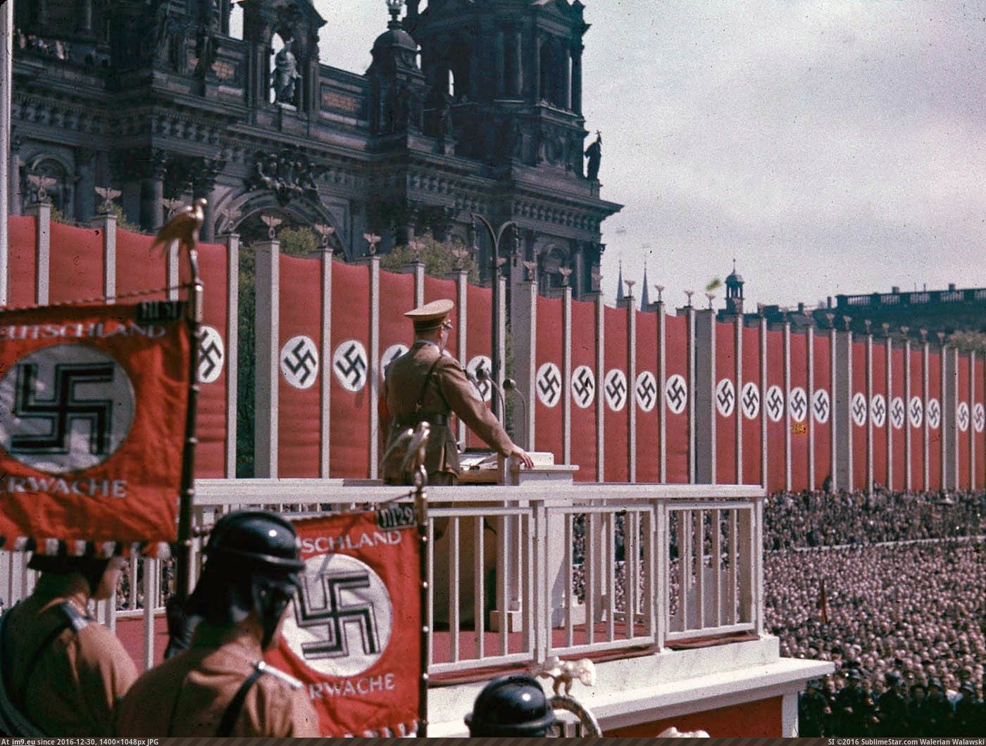 Adolf Hitler speaking at the Lustgarten, Berlin, 1938. (in Restored Photos of Nazi Germany)