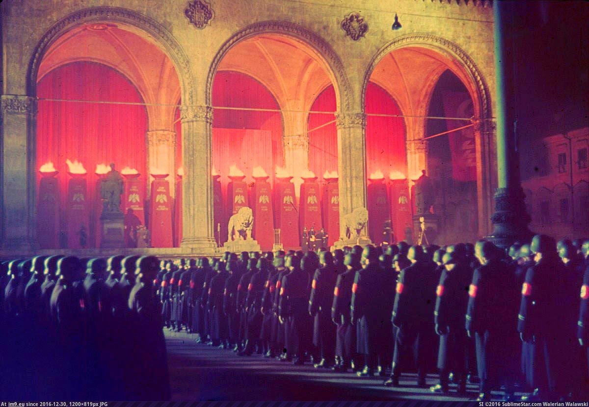Annual midnight swearing-in of SS troops at Feldherrnhalle, Munich, 1938. (in Restored Photos of Nazi Germany)