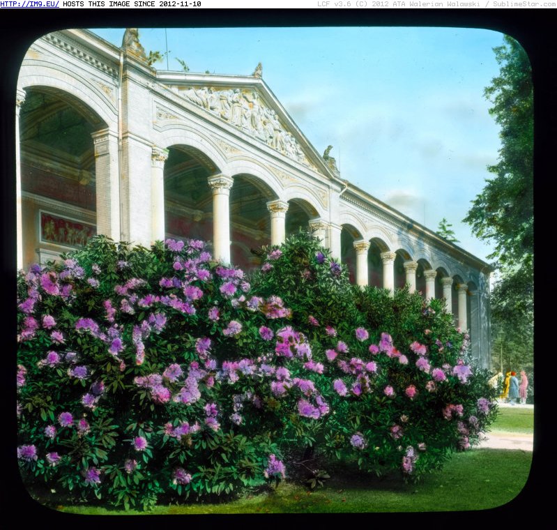 Baden-Baden - Pump room exterior, behind a large flowering bush (1930).1799 (in Branson DeCou Stock Images)