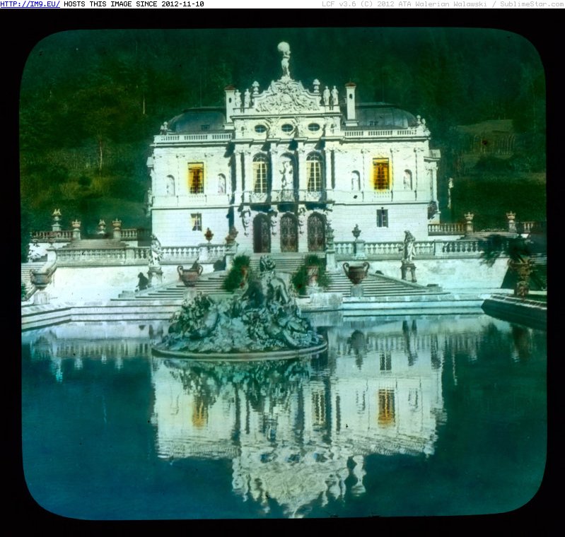 Bavaria - Linderhof Palace, water parterre and Neptune fountain at night (1930).1957 (in Branson DeCou Stock Images)