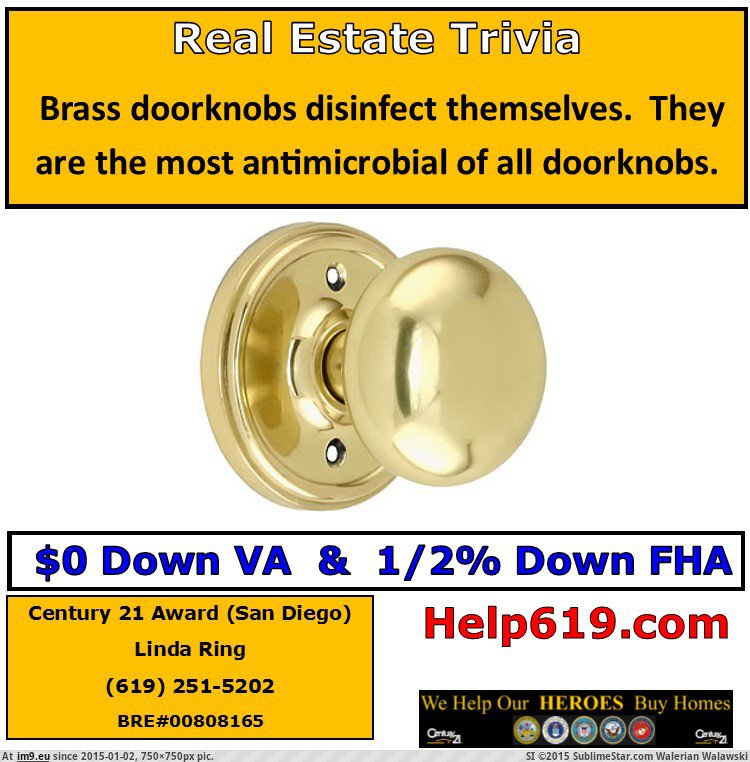 Brass doorknobs disinfect themselves Linda Ring Century 21 Award San Diego (in Linda Ring Century 21 Award San Diego Real Estate)