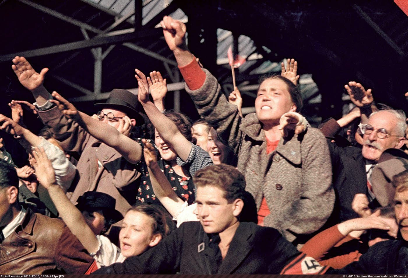 Crowds cheering Adolf Hitler’s campaign to unite Austria and Germany, 1938. (in Restored Photos of Nazi Germany)
