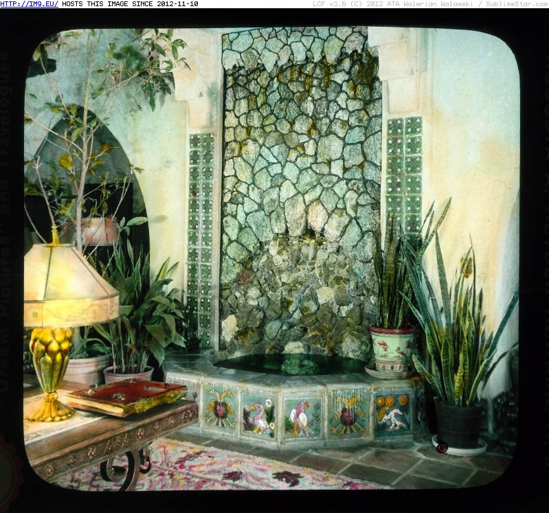 Death Valley, California. Scotty's Castle - interior, rock wall fountain in the living room (1930-1940).2302 (in Branson DeCou Stock Images)