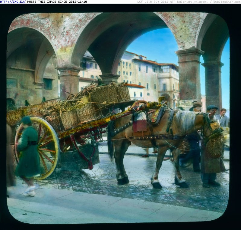 Florence. Ponte Vecchio - horse-drawn cart on the bridge (1919-1938).2734 (in Branson DeCou Stock Images)