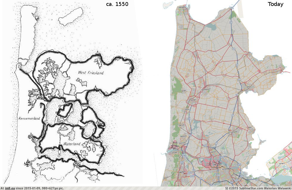 [Mapporn] Comparison: The province of Noord-Holland, the Netherlands ca.1550 vs Today - The thick black lines on the left are me (in My r/MAPS favs)