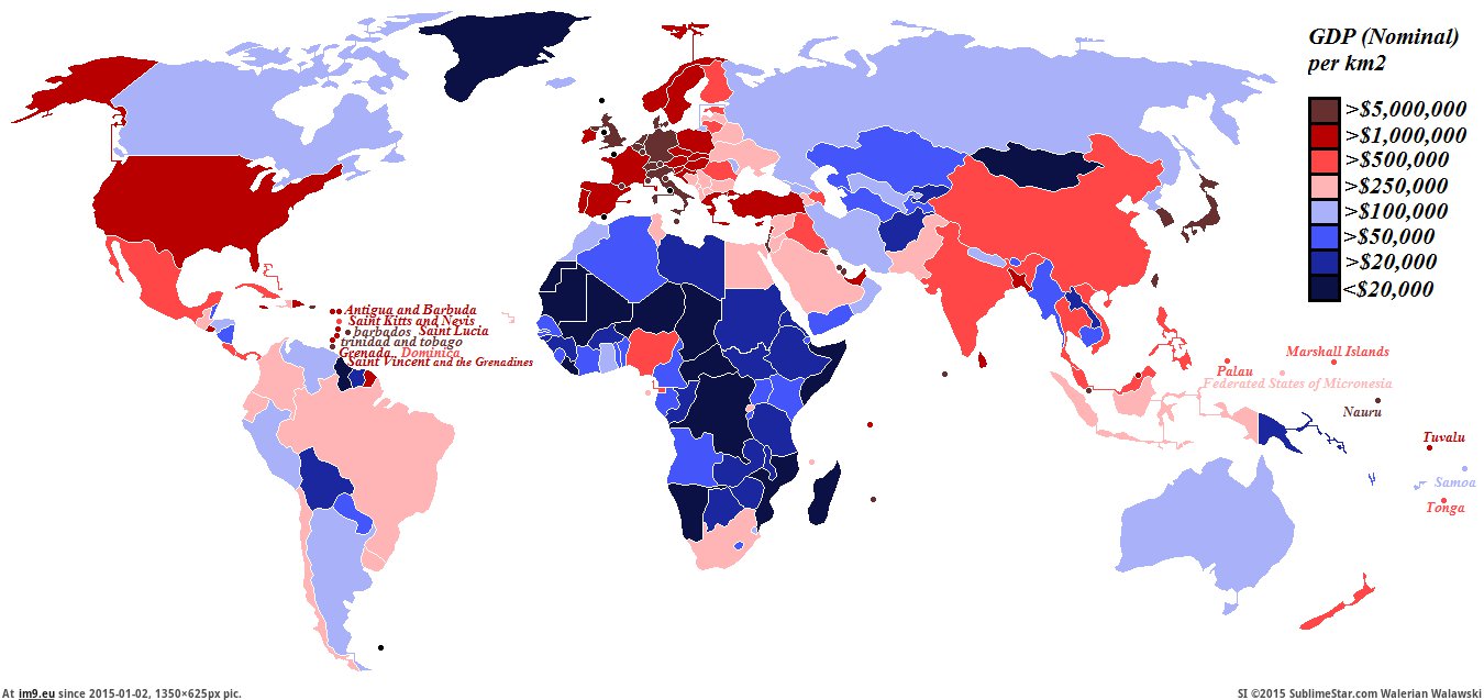[Mapporn] GDP density by country (GDP nominal-km2) [1350x625] [OC] (in My r/MAPS favs)
