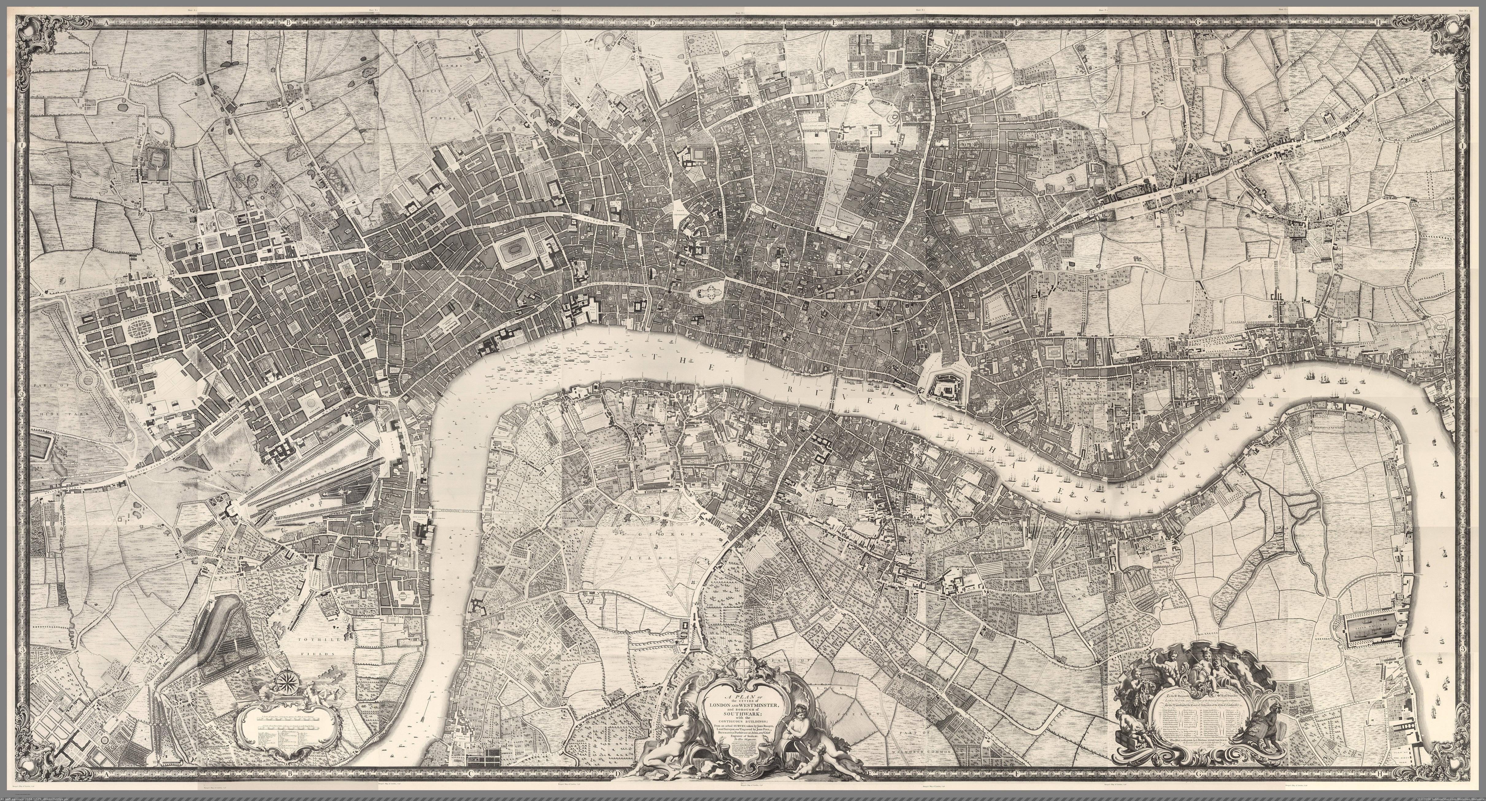 [Mapporn] John Rocque’s Map of London originally made in 1746 (Copy made in 1919) [4844x2601] (in My r/MAPS favs)