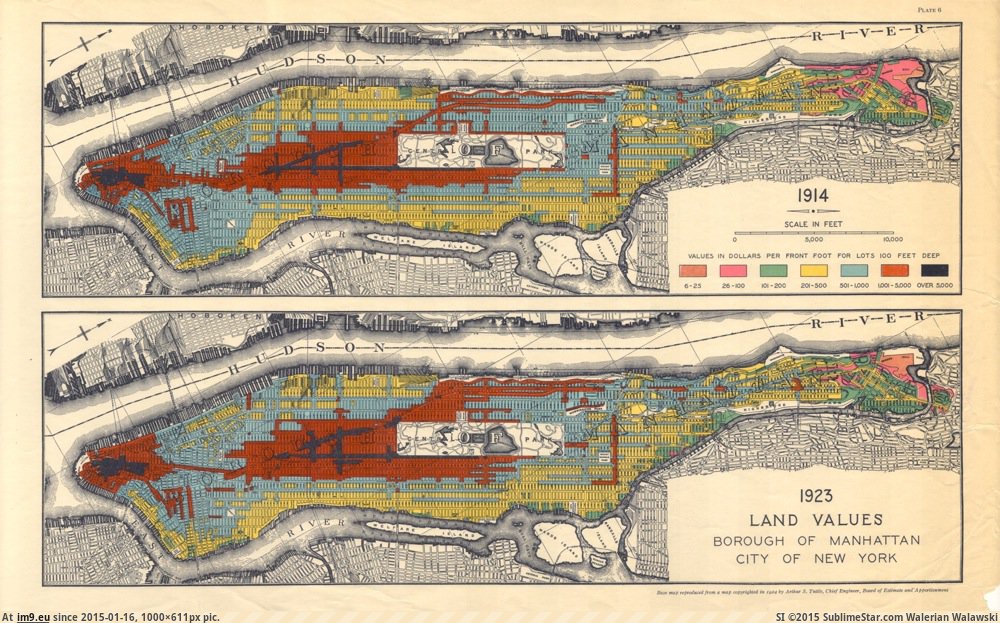 [Mapporn] Manhattan land values in 1914 and 1923 [1,000x611] (in My r/MAPS favs)