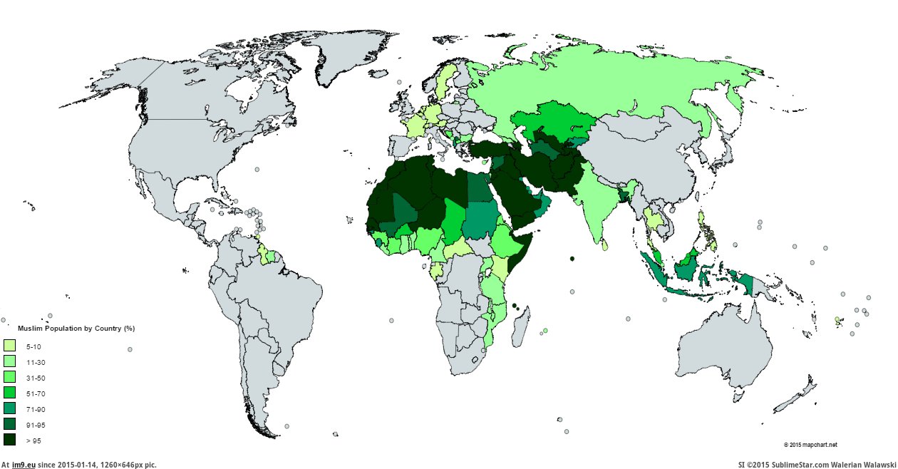 [Mapporn] Muslim Populations by Country (2010 data, Pew Forum) [1260x646] (in My r/MAPS favs)