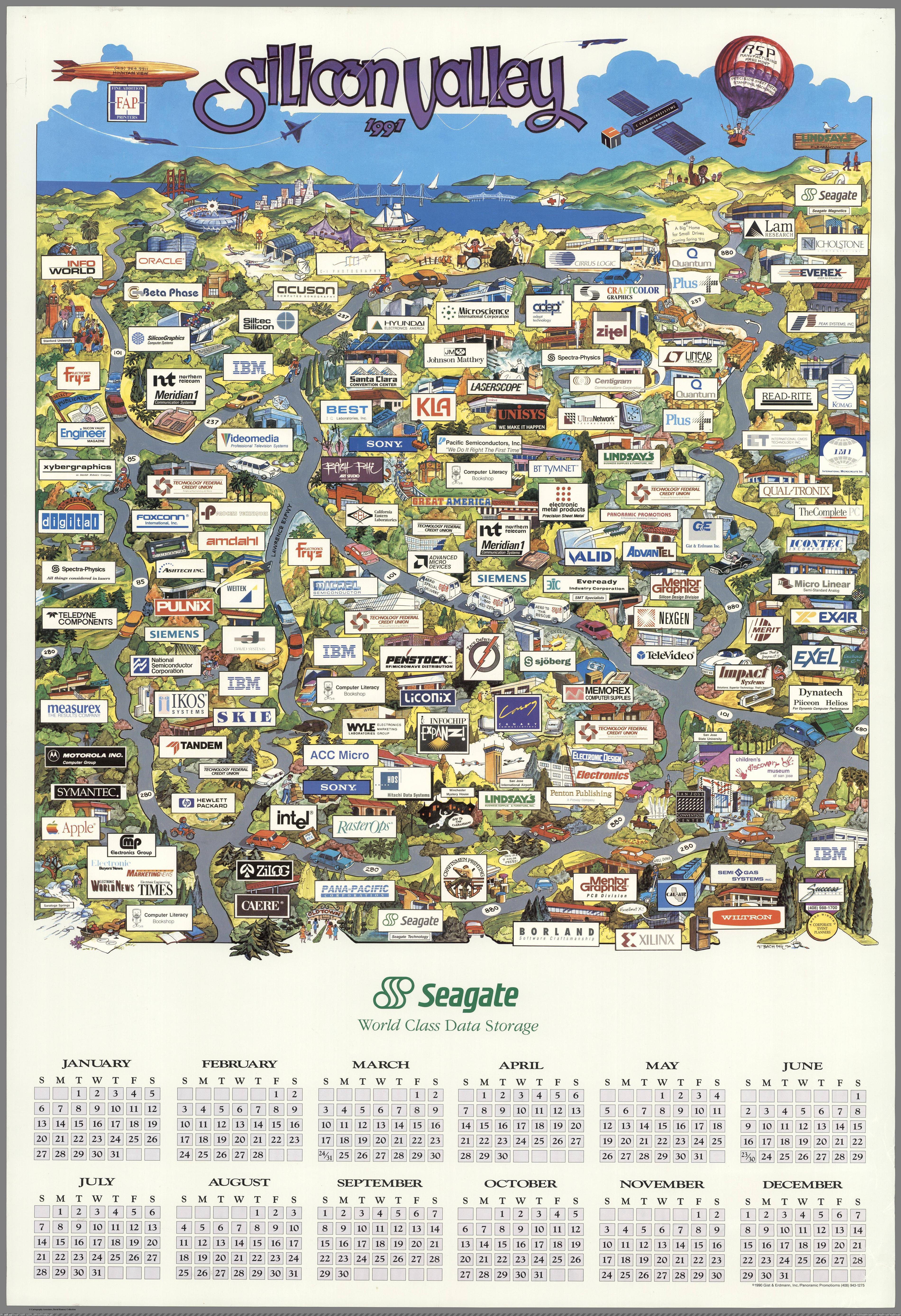 [Mapporn] Pictorial map of Silicon Valley in 1991, made by FAP [3801x5541] (in My r/MAPS favs)
