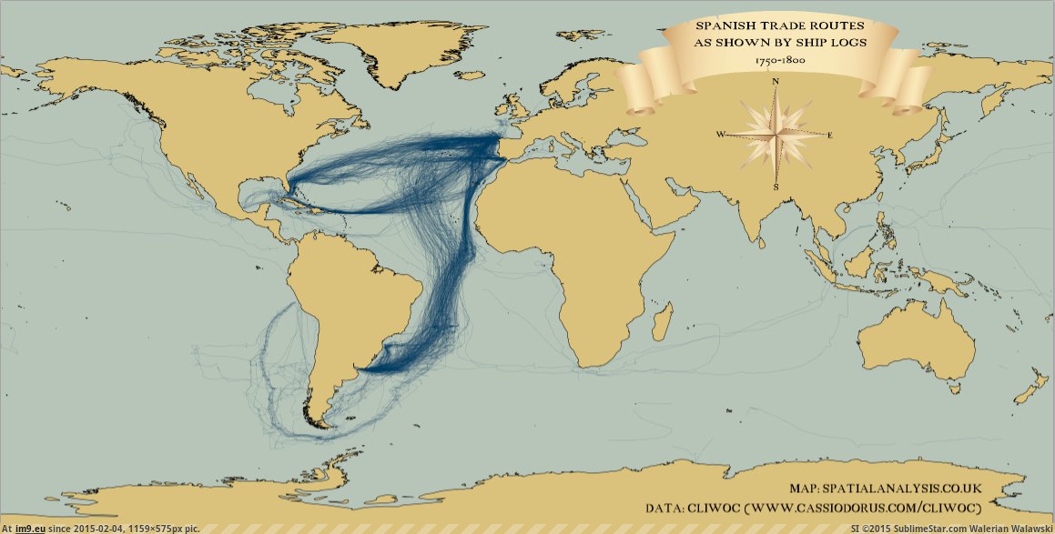 [Mapporn] Spanish trade routes (1750-1800) [1159x575] (in My r/MAPS favs)
