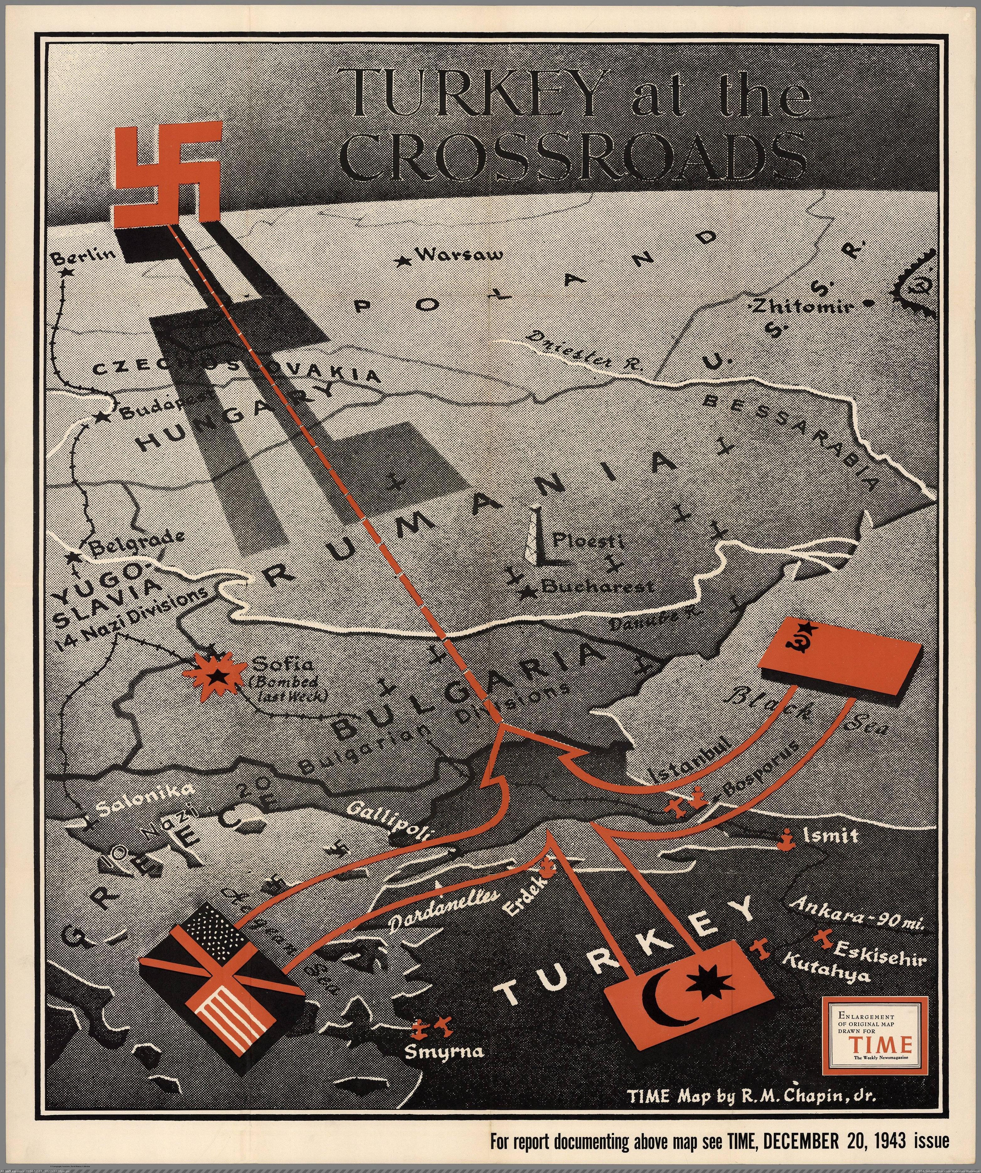 [Mapporn] Turkey at the Crossroads, published in Time Magazine , Dec. 20 1943 [3127x3728] (in My r/MAPS favs)
