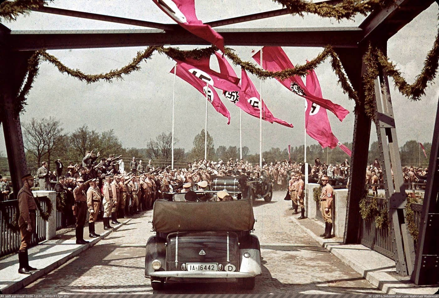 Nazi officials on their way to Fallersleben Volkswagen Works cornerstone ceremony, 1938 (in Restored Photos of Nazi Germany)