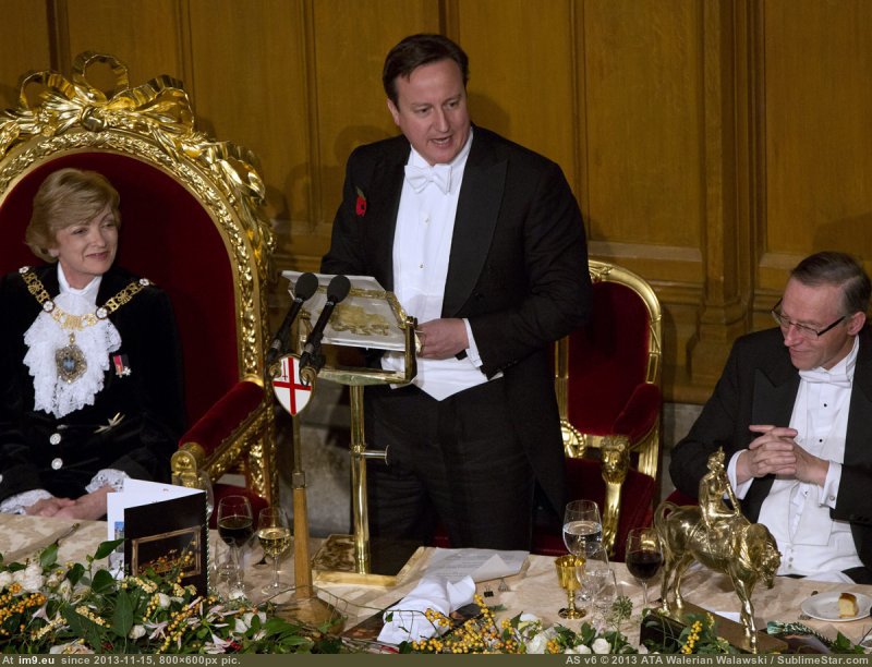 [Pics] David Cameron calling for austerity while surrounded by gold, fine food and wine, and wearing a white bow tie. (in My r/PICS favs)