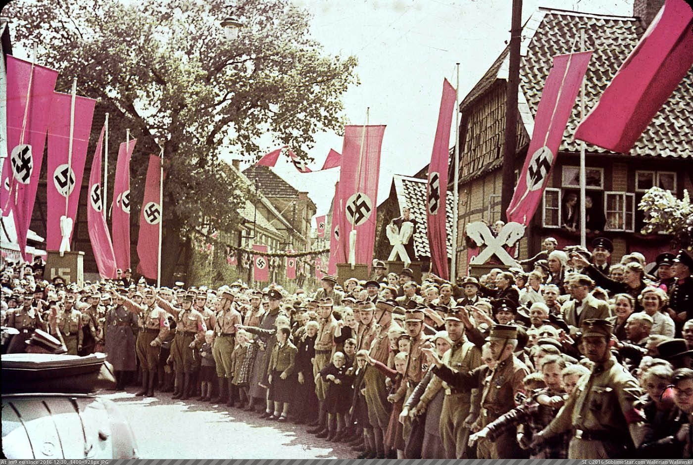 Scene along roadway to the Fallersleben Volkswagen Works cornerstone ceremony, Germany, 1938. (in Restored Photos of Nazi Germany)
