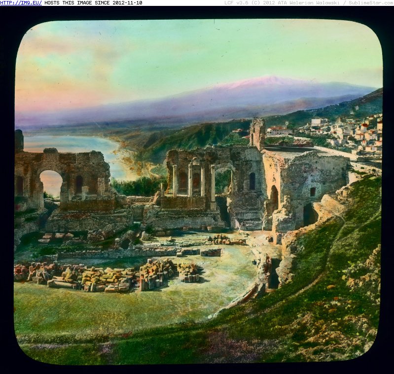 Taormina. Greek Theater (Teatro Greco) - view of ruins (1925-1938).3531 (in Branson DeCou Stock Images)