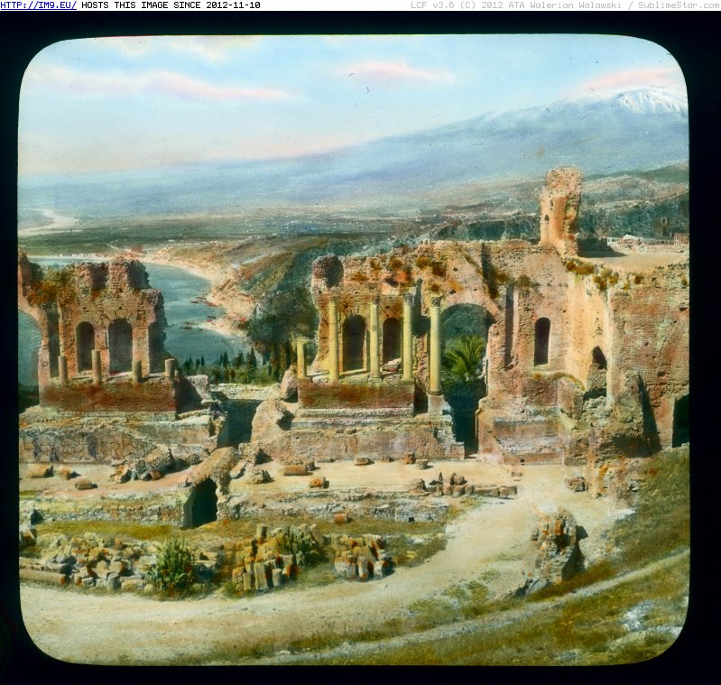 Taormina. Greek Theater (Teatro Greco) - view of ruins (1925-1938).3532 (in Branson DeCou Stock Images)