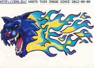 Tattoo Design: blue-snarling-flaming-cat (in Misc. Animal Tattoos)