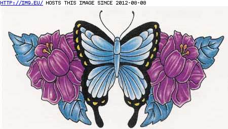Tattoo Design: CEI-blue-bfly-ppl-flowers (in Butterfly Tattoos)